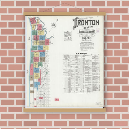 Old map wall art mockup — magnetic wood frame on brick wall — Sanborn Fire Insurance Map from Ironton, Lawrence County, Ohio (1904), Sheet #0001