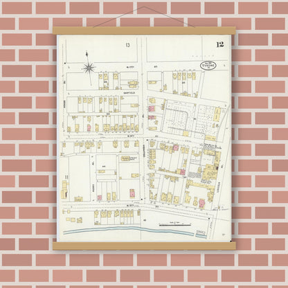 Old map wall art mockup — magnetic wood frame on brick wall — Sanborn Fire Insurance Map from Tyrone, Blair County, Pennsylvania (1906), Sheet #0012