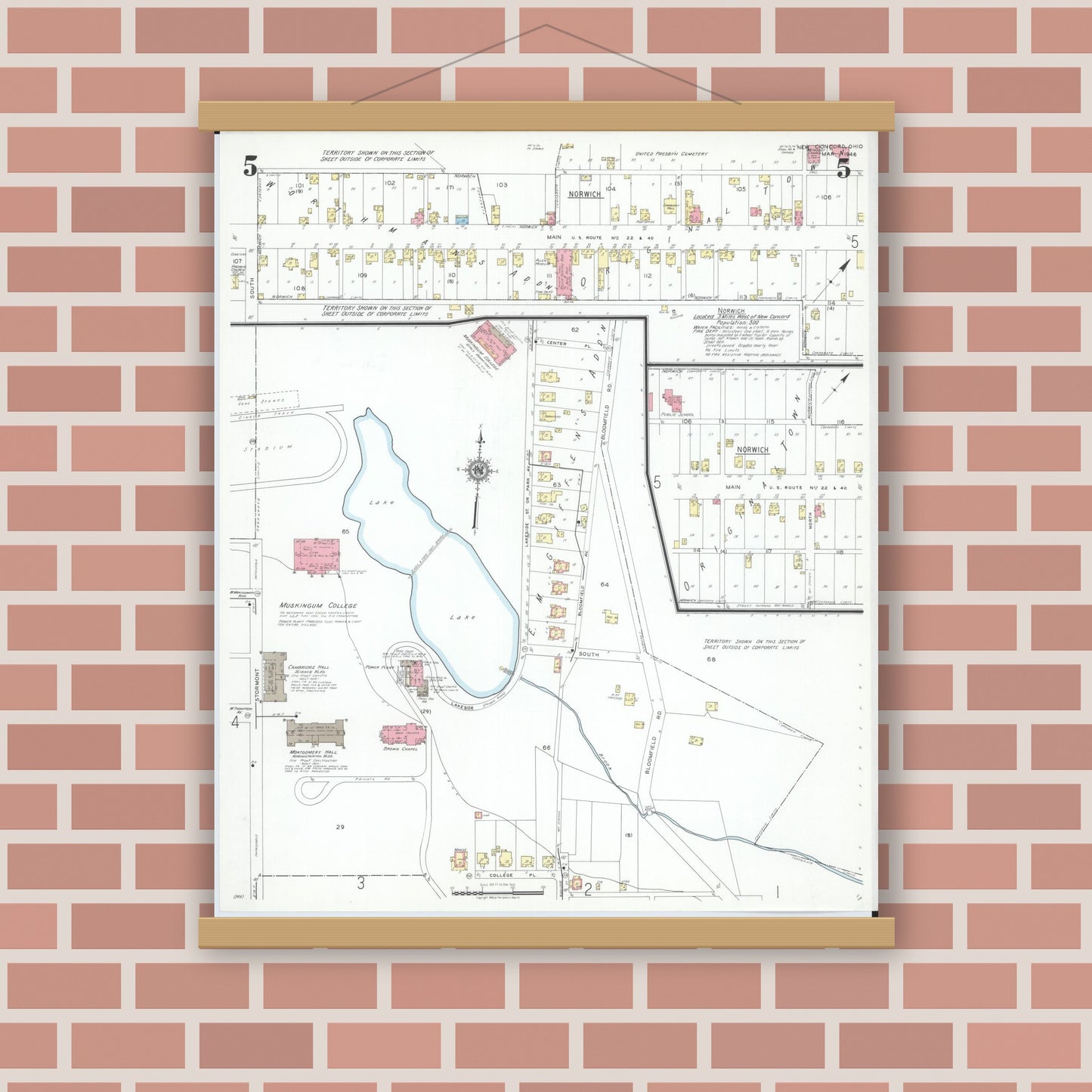 Old map wall art mockup — magnetic wood frame on brick wall — Sanborn Fire Insurance Map from New Concord, Muskingum County, Ohio (1946), Sheet #0005