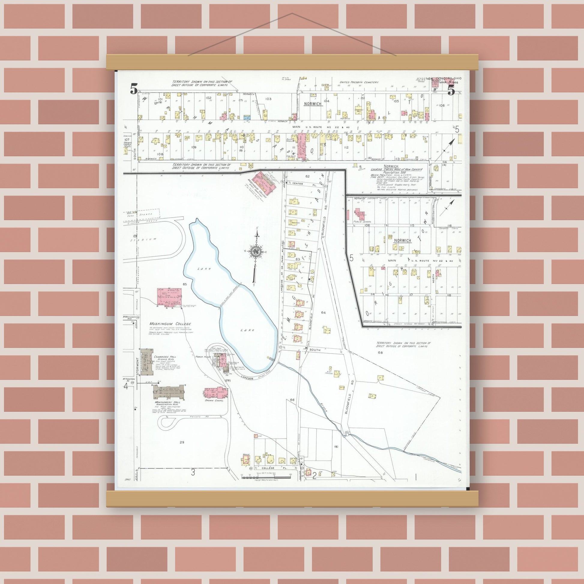 Old map wall art mockup — magnetic wood frame on brick wall — Sanborn Fire Insurance Map from New Concord, Muskingum County, Ohio (1946), Sheet #0005