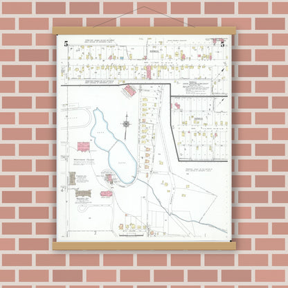 Old map wall art mockup — magnetic wood frame on brick wall — Sanborn Fire Insurance Map from New Concord, Muskingum County, Ohio (1946), Sheet #0005