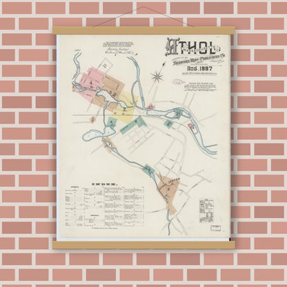 Old map wall art mockup — magnetic wood frame on brick wall — Sanborn Fire Insurance Map from Athol, Worcester County, Massachusetts (1887), Sheet #0001