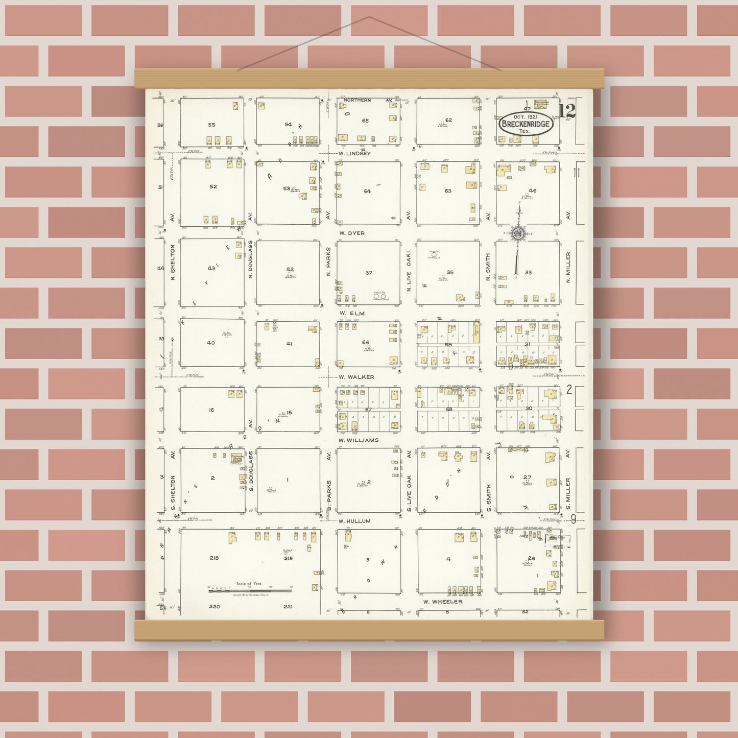 Old map wall art mockup — magnetic wood frame on brick wall — Sanborn Fire Insurance Map from Breckenridge, Stephens County, Texas (1921), Sheet #0012