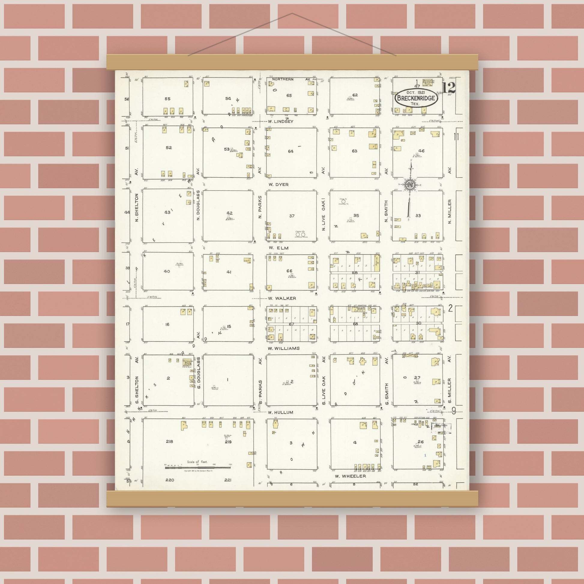 Old map wall art mockup — magnetic wood frame on brick wall — Sanborn Fire Insurance Map from Breckenridge, Stephens County, Texas (1921), Sheet #0012