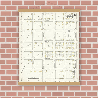 Old map wall art mockup — magnetic wood frame on brick wall — Sanborn Fire Insurance Map from Breckenridge, Stephens County, Texas (1921), Sheet #0012
