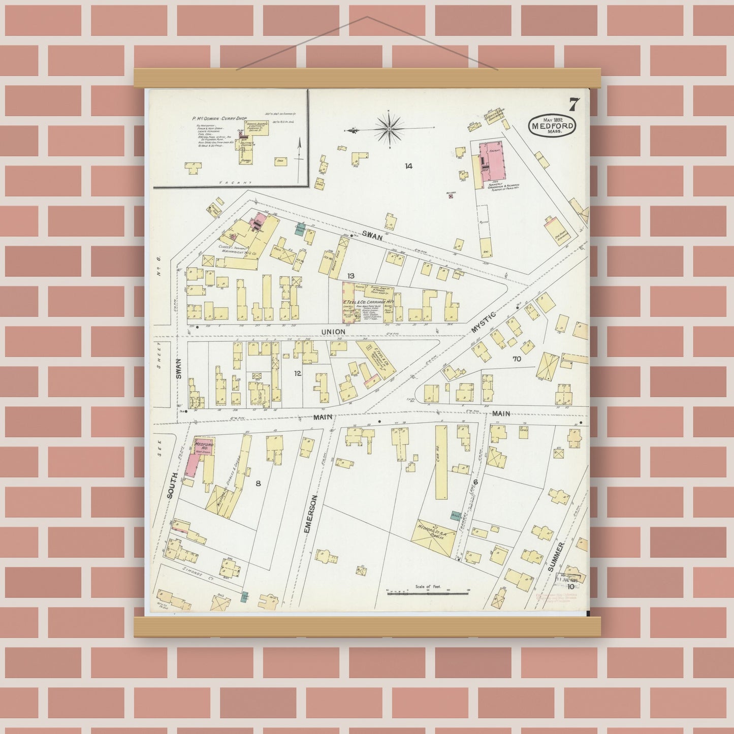 Old map wall art mockup — magnetic wood frame on brick wall — Sanborn Fire Insurance Map from Medford, Middlesex County, Massachusetts (1892), Sheet #0007
