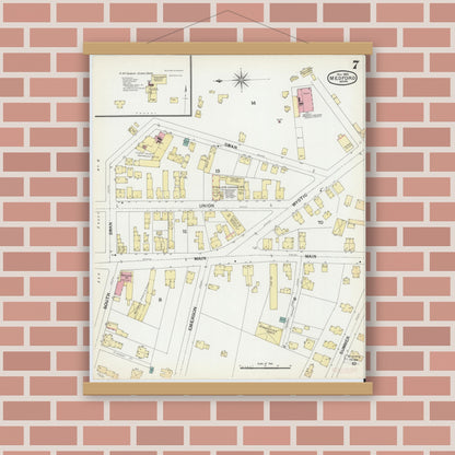 Old map wall art mockup — magnetic wood frame on brick wall — Sanborn Fire Insurance Map from Medford, Middlesex County, Massachusetts (1892), Sheet #0007