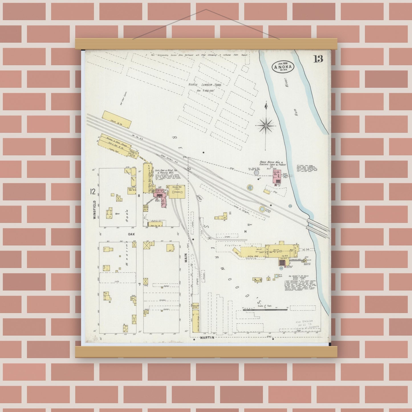 Old map wall art mockup — magnetic wood frame on brick wall — Sanborn Fire Insurance Map from Anoka, Anoka County, Minnesota (1898), Sheet #0013