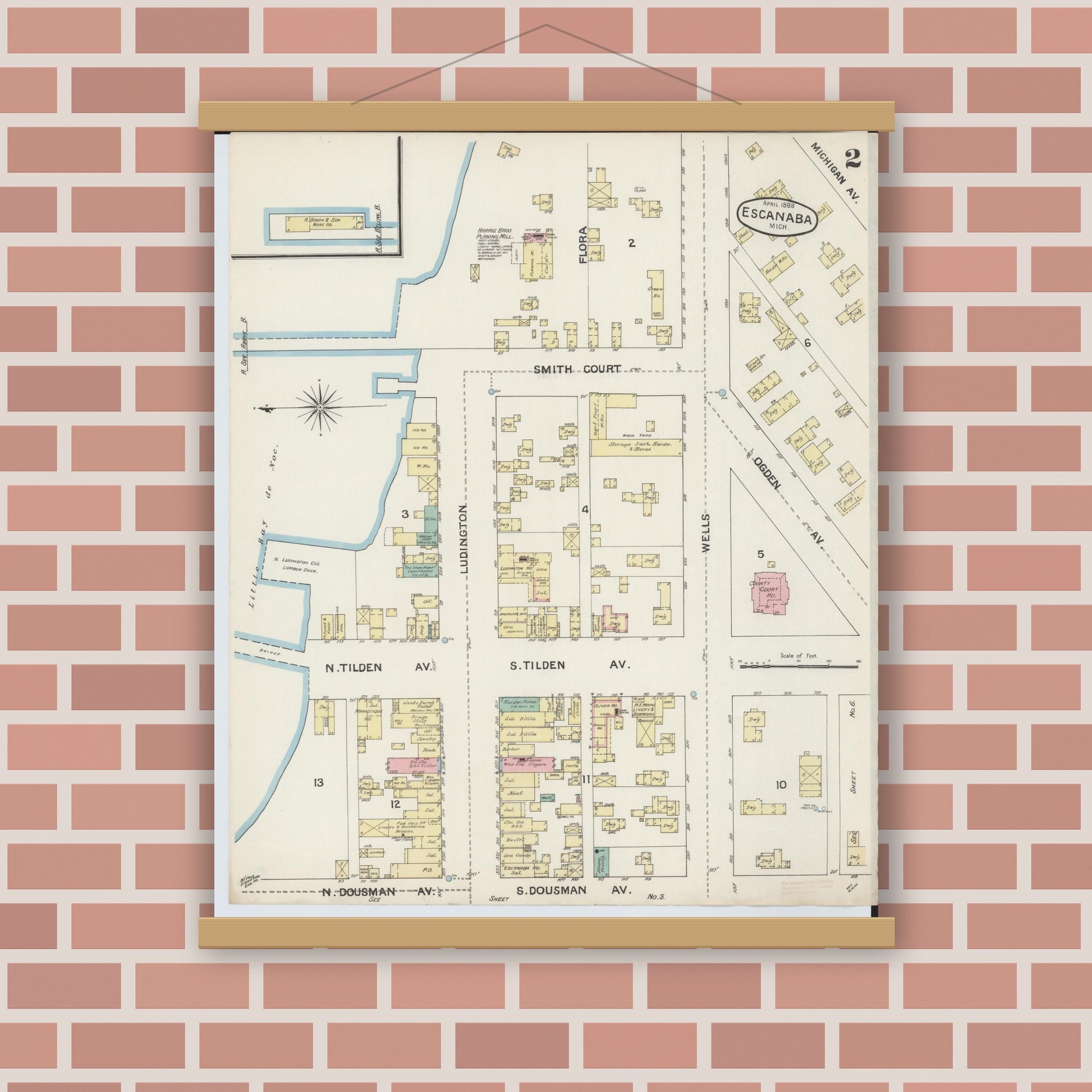 Old map wall art mockup — magnetic wood frame on brick wall — Sanborn Fire Insurance Map from Escanaba, Delta County, Michigan (1888), Sheet #0002
