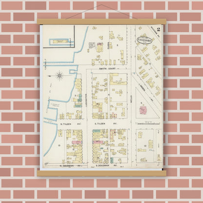 Old map wall art mockup — magnetic wood frame on brick wall — Sanborn Fire Insurance Map from Escanaba, Delta County, Michigan (1888), Sheet #0002