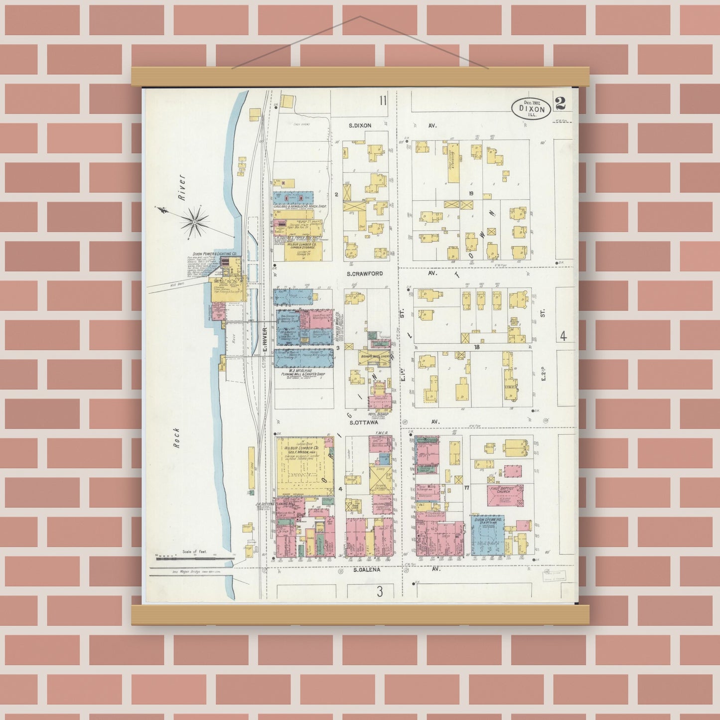 Old map wall art mockup — magnetic wood frame on brick wall — Sanborn Fire Insurance Map from Dixon, Lee County, Illinois (1902), Sheet #0002