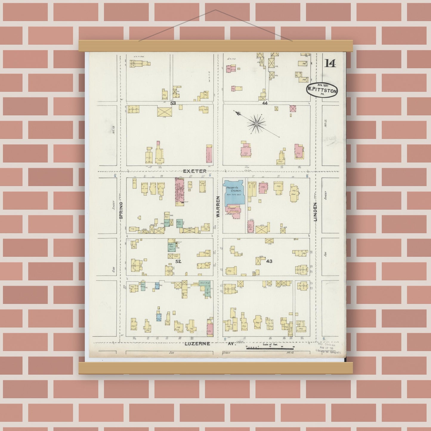 Old map wall art mockup — magnetic wood frame on brick wall — Sanborn Fire Insurance Map from Pittston, Luzerne County, Pennsylvania (1891), Sheet #0014