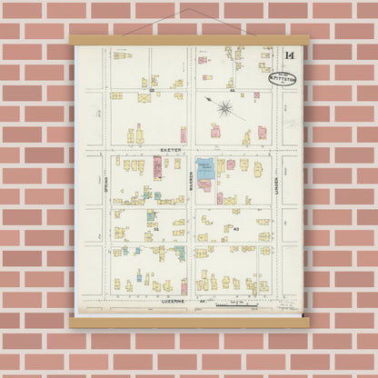 Old map wall art mockup — magnetic wood frame on brick wall — Sanborn Fire Insurance Map from Pittston, Luzerne County, Pennsylvania (1891), Sheet #0014