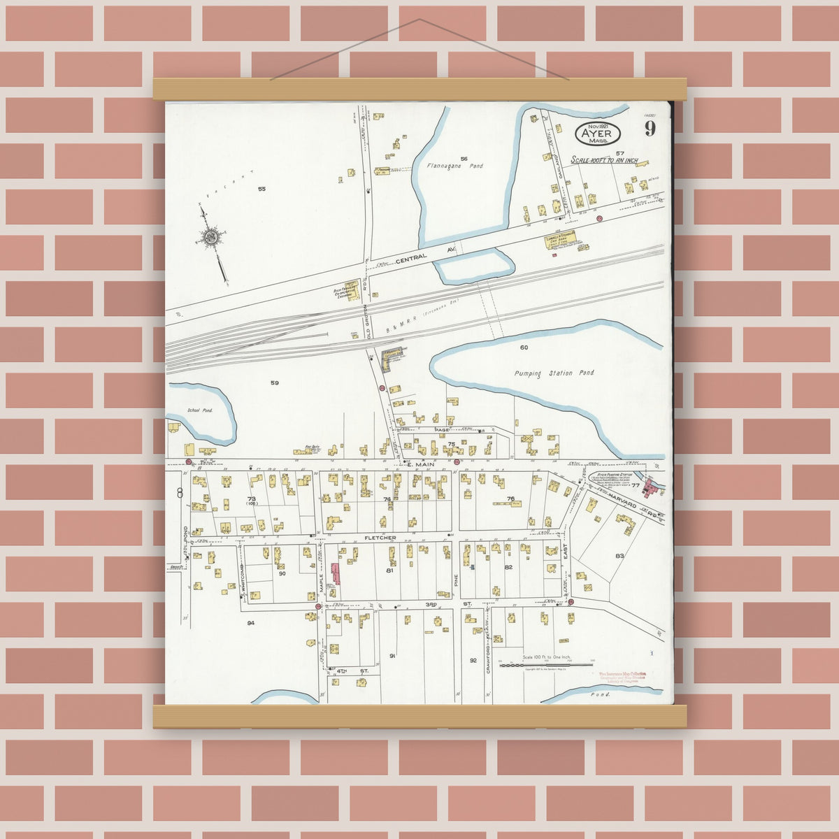 Old map wall art mockup — magnetic wood frame on brick wall — Sanborn Fire Insurance Map from Ayer, Middlesex County, Massachusetts (1921), Sheet #0009