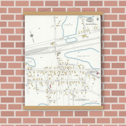 Old map wall art mockup — magnetic wood frame on brick wall — Sanborn Fire Insurance Map from Ayer, Middlesex County, Massachusetts (1921), Sheet #0009