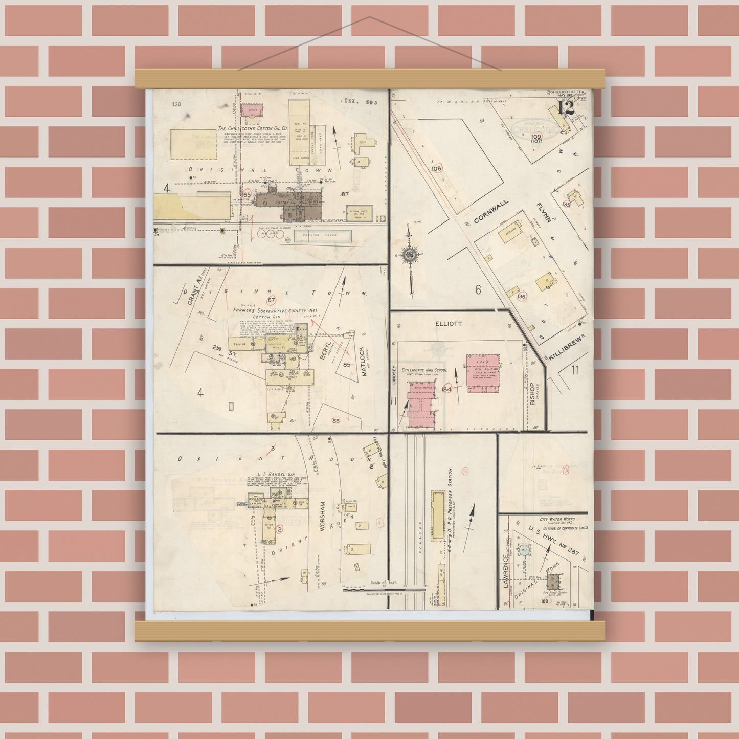 Old map wall art mockup — magnetic wood frame on brick wall — Sanborn Fire Insurance Map from Chillicothe, Hardeman County, Texas (1941), Sheet #0012