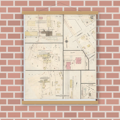 Old map wall art mockup — magnetic wood frame on brick wall — Sanborn Fire Insurance Map from Chillicothe, Hardeman County, Texas (1941), Sheet #0012