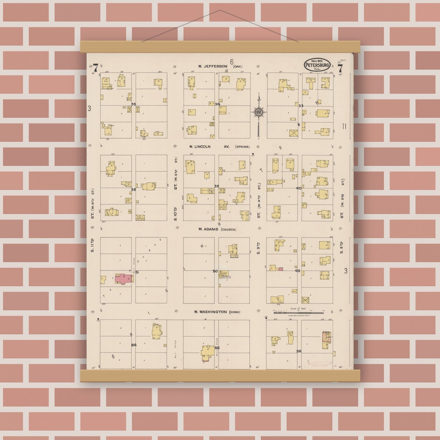 Old map wall art mockup — magnetic wood frame on brick wall — Sanborn Fire Insurance Map from Petersburg, Menard County, Illinois (1922), Sheet #0007