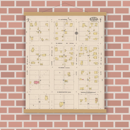Old map wall art mockup — magnetic wood frame on brick wall — Sanborn Fire Insurance Map from Petersburg, Menard County, Illinois (1922), Sheet #0007