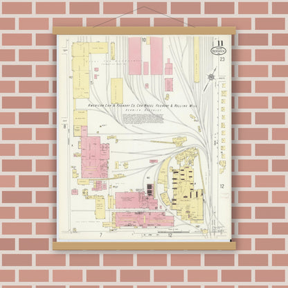 Old map wall art mockup — magnetic wood frame on brick wall — Sanborn Fire Insurance Map from Berwick, Columbia County, Pennsylvania (1913), Sheet #0011