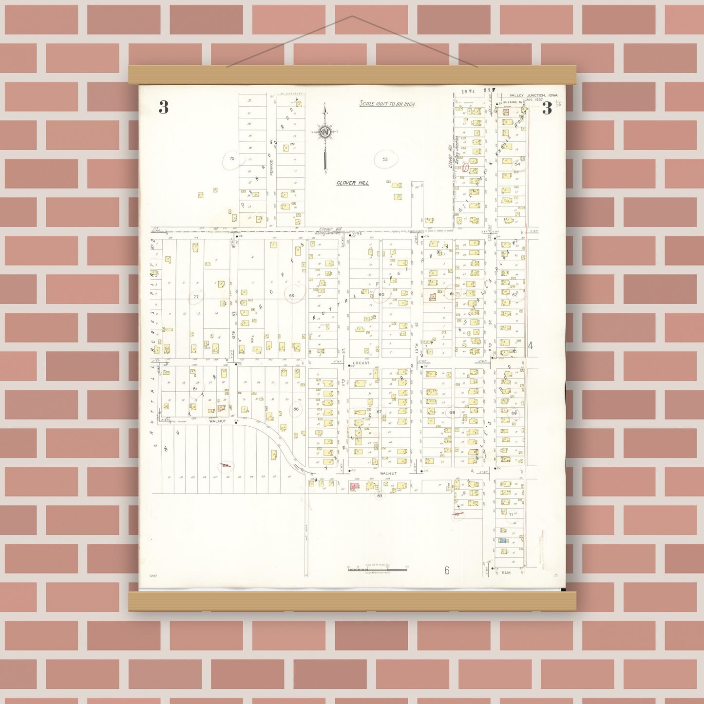 Old map wall art mockup — magnetic wood frame on brick wall — Sanborn Fire Insurance Map from Valley Junction, Polk County, Iowa (1941), Sheet #0003