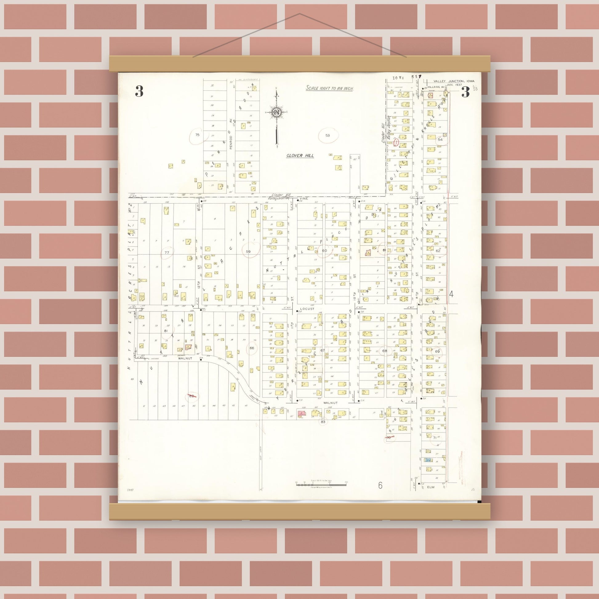 Old map wall art mockup — magnetic wood frame on brick wall — Sanborn Fire Insurance Map from Valley Junction, Polk County, Iowa (1941), Sheet #0003