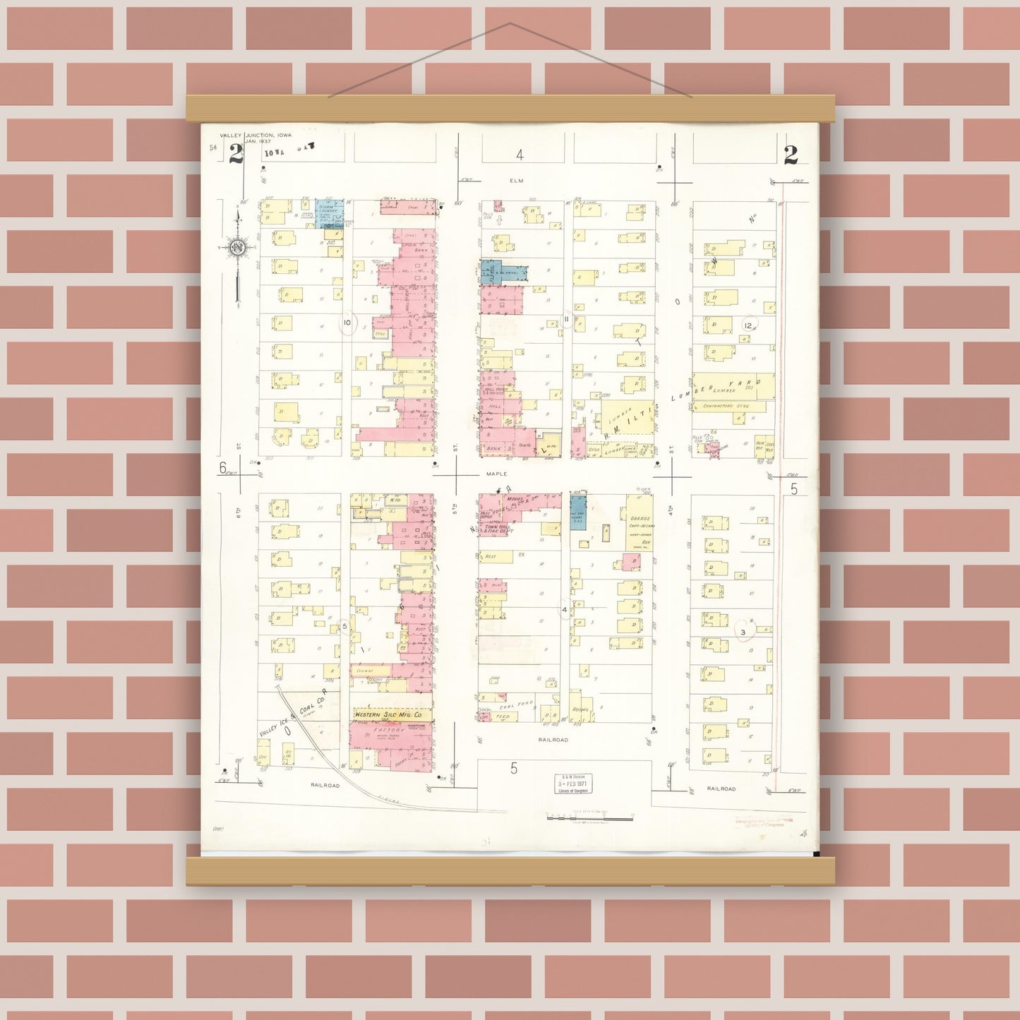 Old map wall art mockup — magnetic wood frame on brick wall — Sanborn Fire Insurance Map from Valley Junction, Polk County, Iowa (1941), Sheet #0002