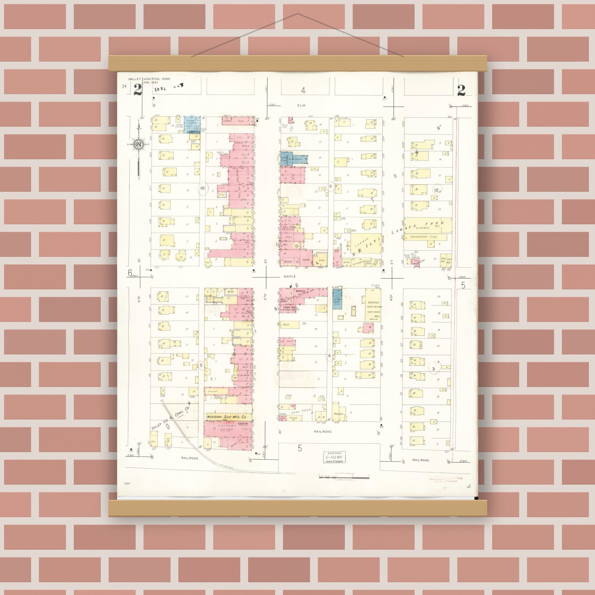 Old map wall art mockup — magnetic wood frame on brick wall — Sanborn Fire Insurance Map from Valley Junction, Polk County, Iowa (1941), Sheet #0002