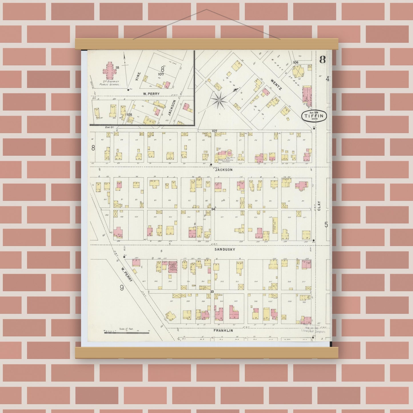 Old map wall art mockup — magnetic wood frame on brick wall — Sanborn Fire Insurance Map from Tiffin, Seneca County, Ohio (1896), Sheet #0008