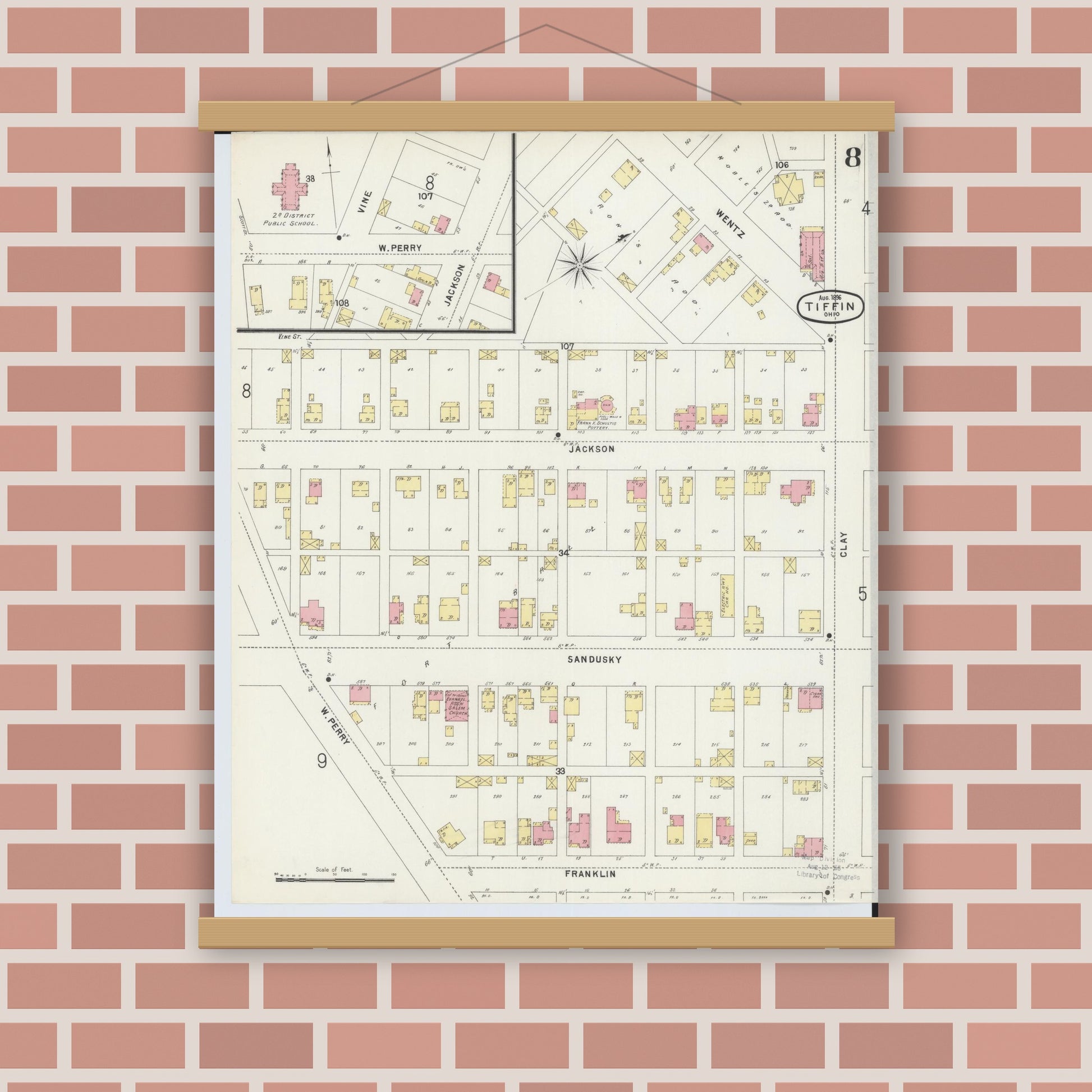 Old map wall art mockup — magnetic wood frame on brick wall — Sanborn Fire Insurance Map from Tiffin, Seneca County, Ohio (1896), Sheet #0008