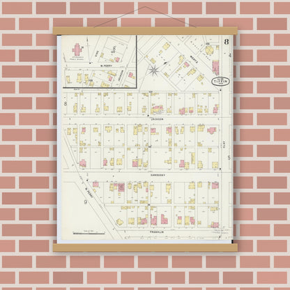 Old map wall art mockup — magnetic wood frame on brick wall — Sanborn Fire Insurance Map from Tiffin, Seneca County, Ohio (1896), Sheet #0008
