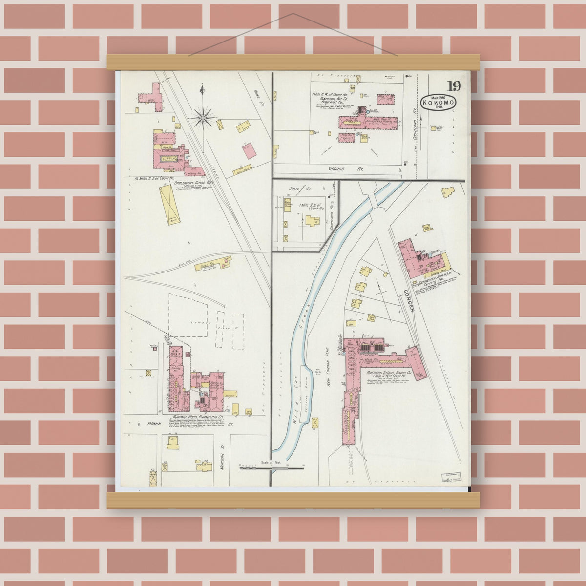 Old map wall art mockup — magnetic wood frame on brick wall — Sanborn Fire Insurance Map from Kokomo, Howard County, Indiana (1896), Sheet #0019