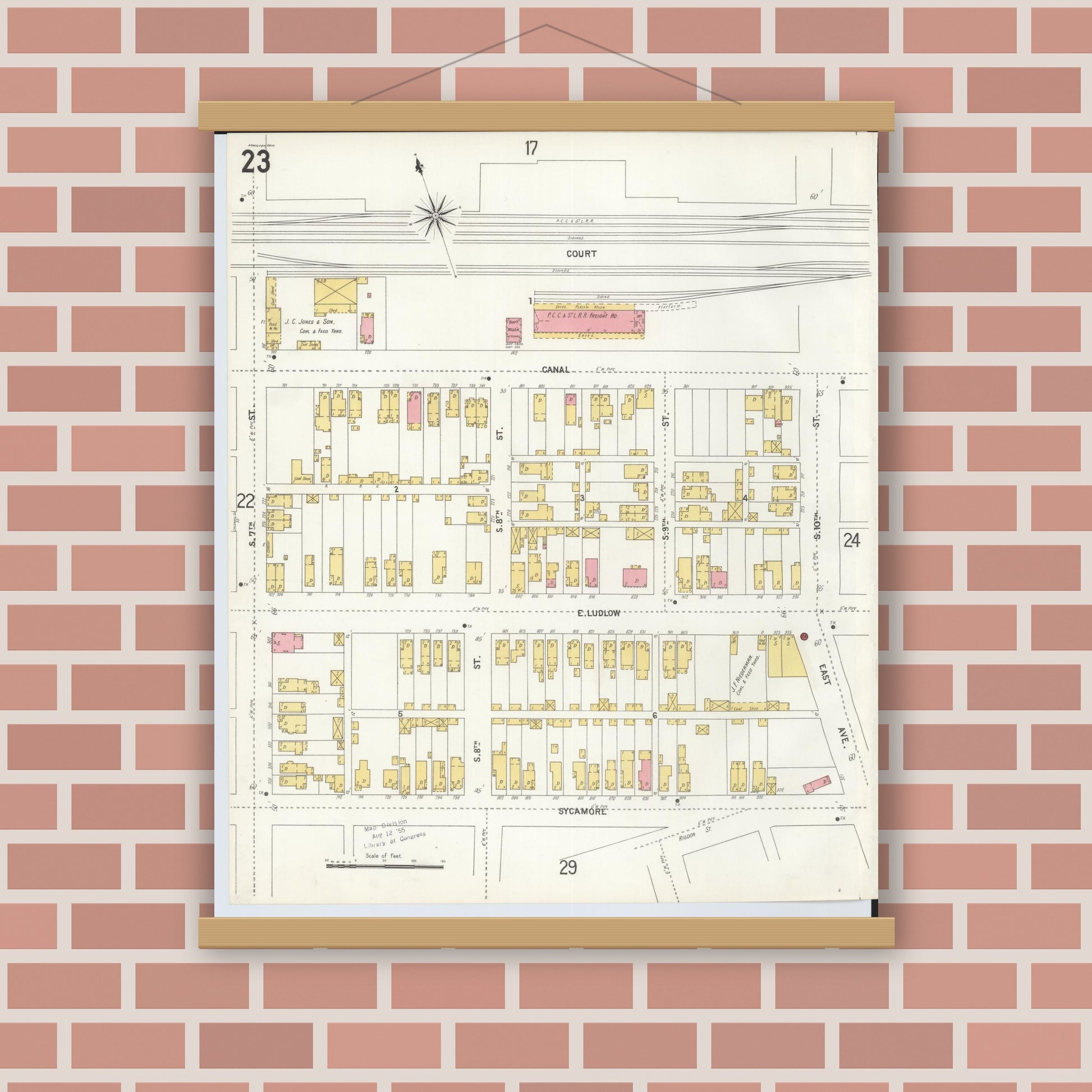 Old map wall art mockup — magnetic wood frame on brick wall — Sanborn Fire Insurance Map from Hamilton, Butler County, Ohio (1899), Sheet #0023