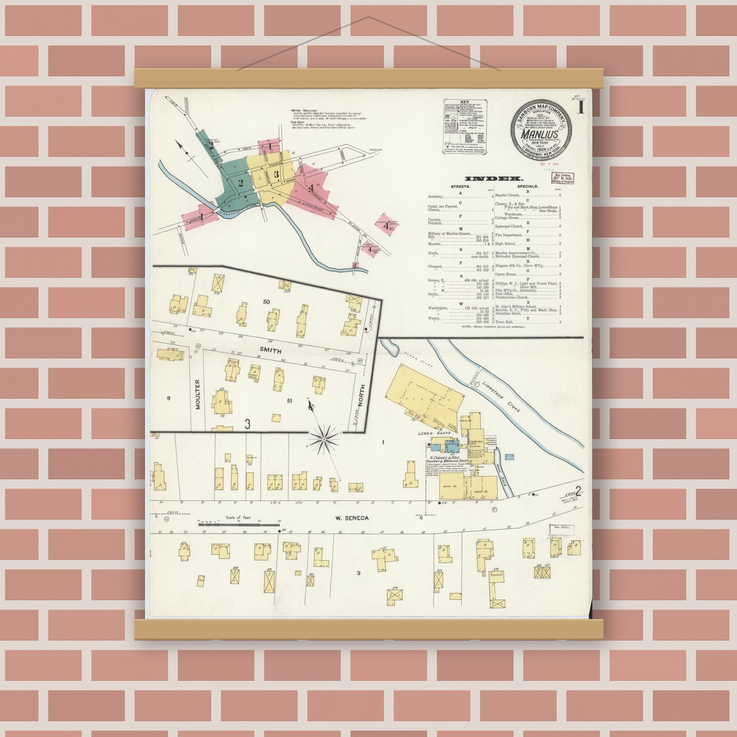 Old map wall art mockup — magnetic wood frame on brick wall — Sanborn Fire Insurance Map from Manlius, Onondaga County, New York (1909) - Complete Map Set