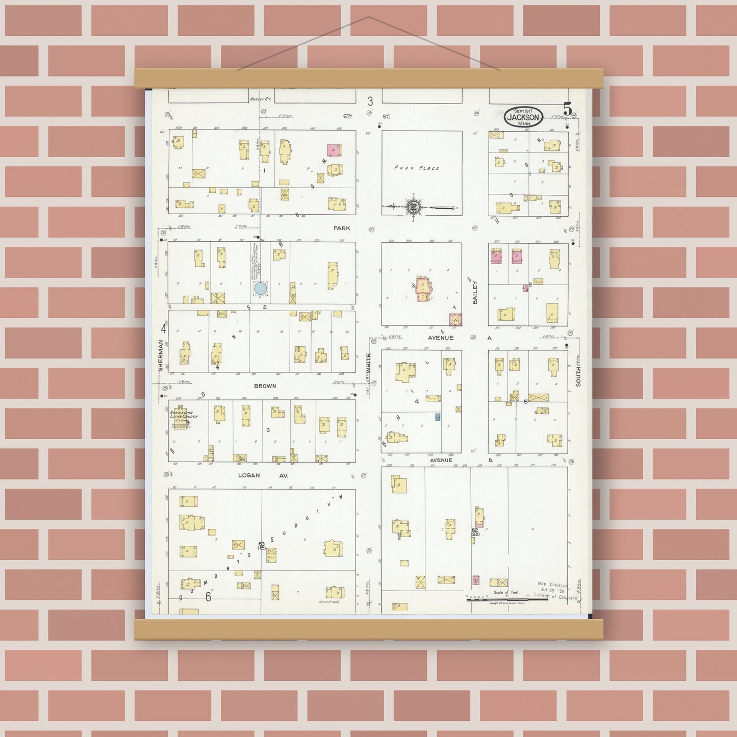 Old map wall art mockup — magnetic wood frame on brick wall — Sanborn Fire Insurance Map from Jackson, Jackson County, Minnesota (1917), Sheet #0005