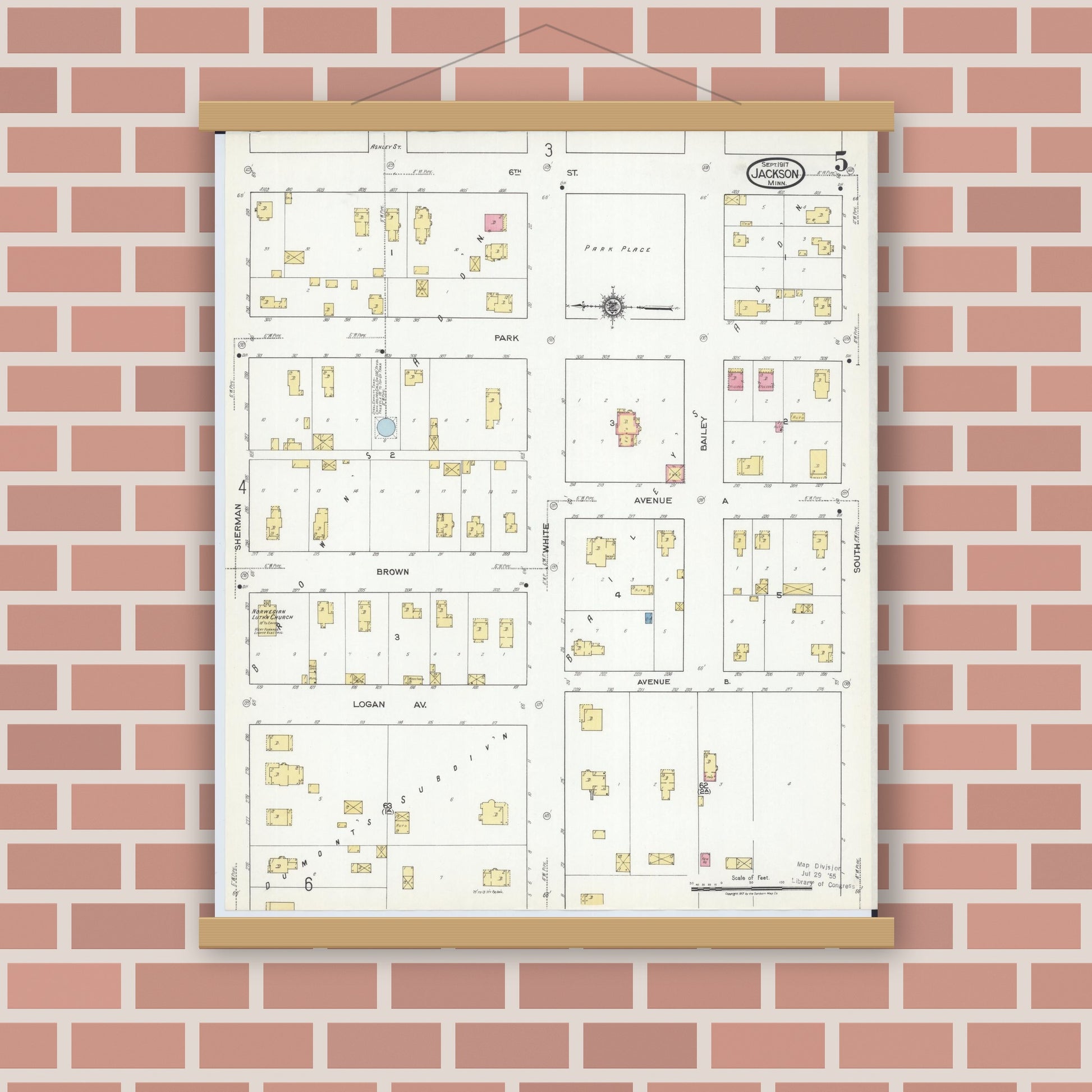 Old map wall art mockup — magnetic wood frame on brick wall — Sanborn Fire Insurance Map from Jackson, Jackson County, Minnesota (1917), Sheet #0005