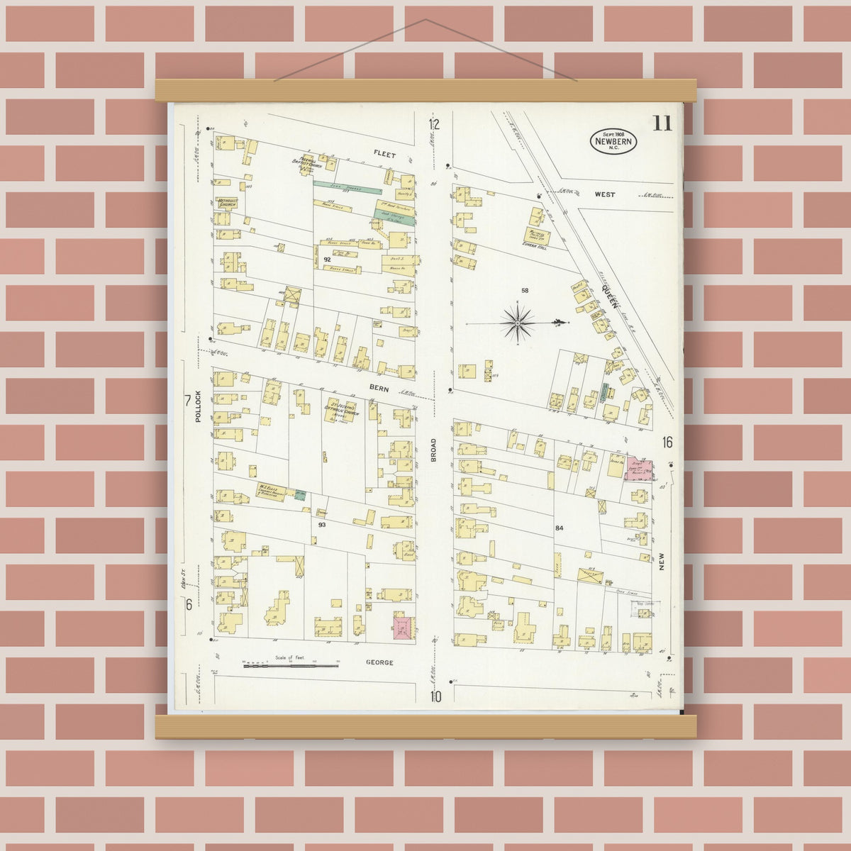 Old map wall art mockup — magnetic wood frame on brick wall — Sanborn Fire Insurance Map from New Bern, Craven County, North Carolina (1908), Sheet #0011