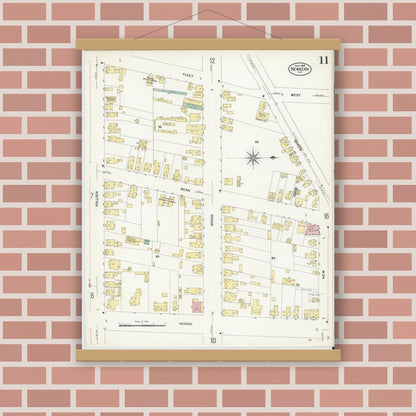 Old map wall art mockup — magnetic wood frame on brick wall — Sanborn Fire Insurance Map from New Bern, Craven County, North Carolina (1908), Sheet #0011