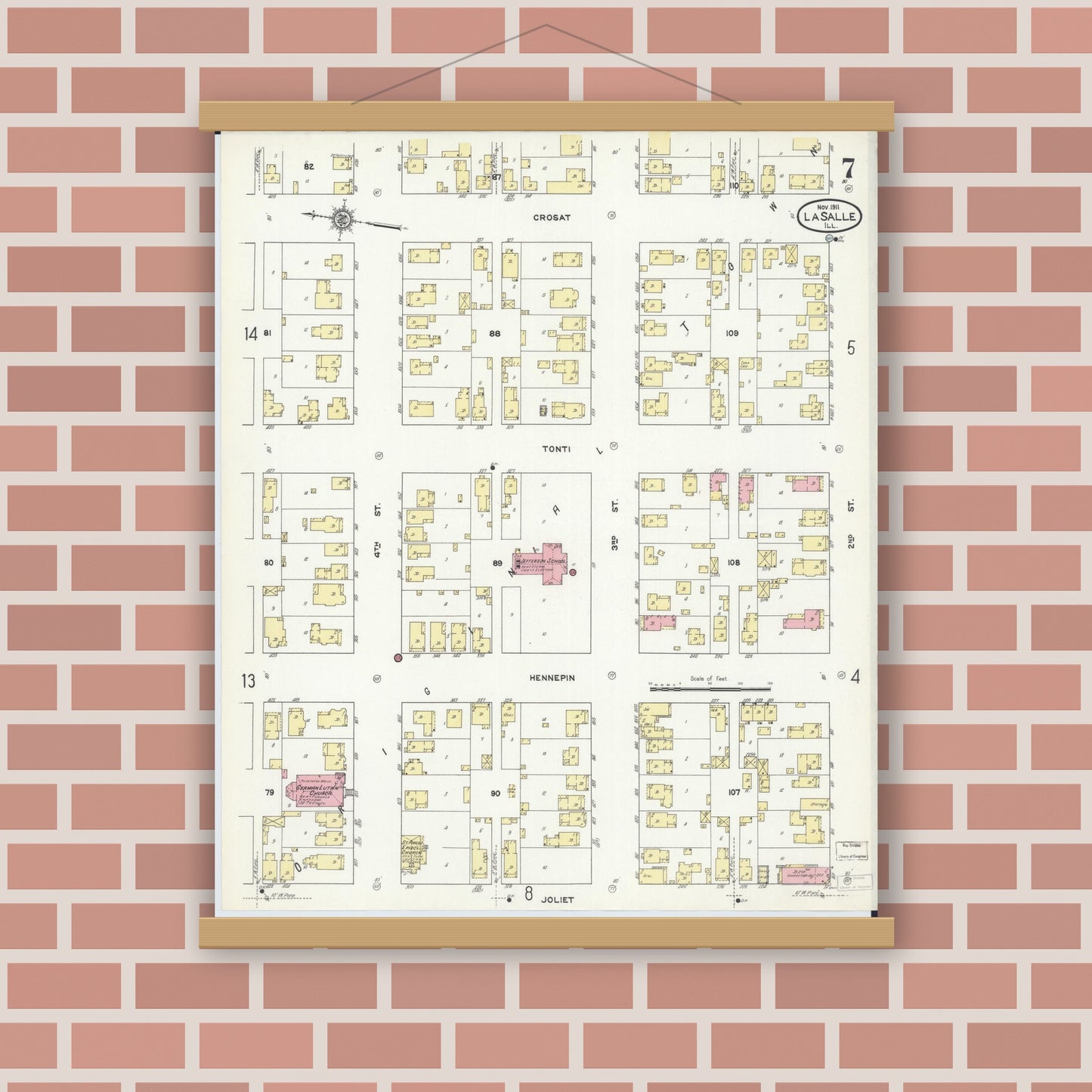 Old map wall art mockup — magnetic wood frame on brick wall — Sanborn Fire Insurance Map from La Salle, La Salle County, Illinois (1911), Sheet #0007