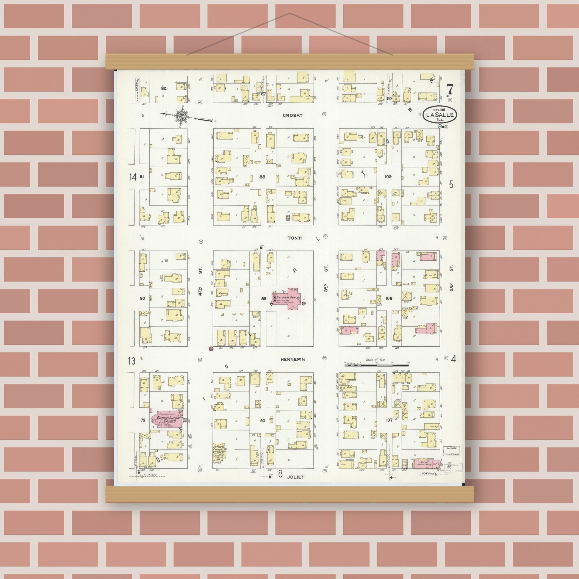 Old map wall art mockup — magnetic wood frame on brick wall — Sanborn Fire Insurance Map from La Salle, La Salle County, Illinois (1911), Sheet #0007