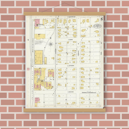 Old map wall art mockup — magnetic wood frame on brick wall — Sanborn Fire Insurance Map from Fairmount, Grant County, Indiana (1902), Sheet #0005