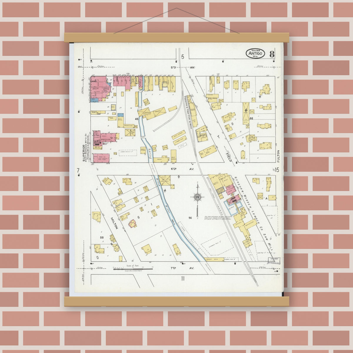 Old map wall art mockup — magnetic wood frame on brick wall — Sanborn Fire Insurance Map from Antigo, Langlade County, Wisconsin (1919), Sheet #0008