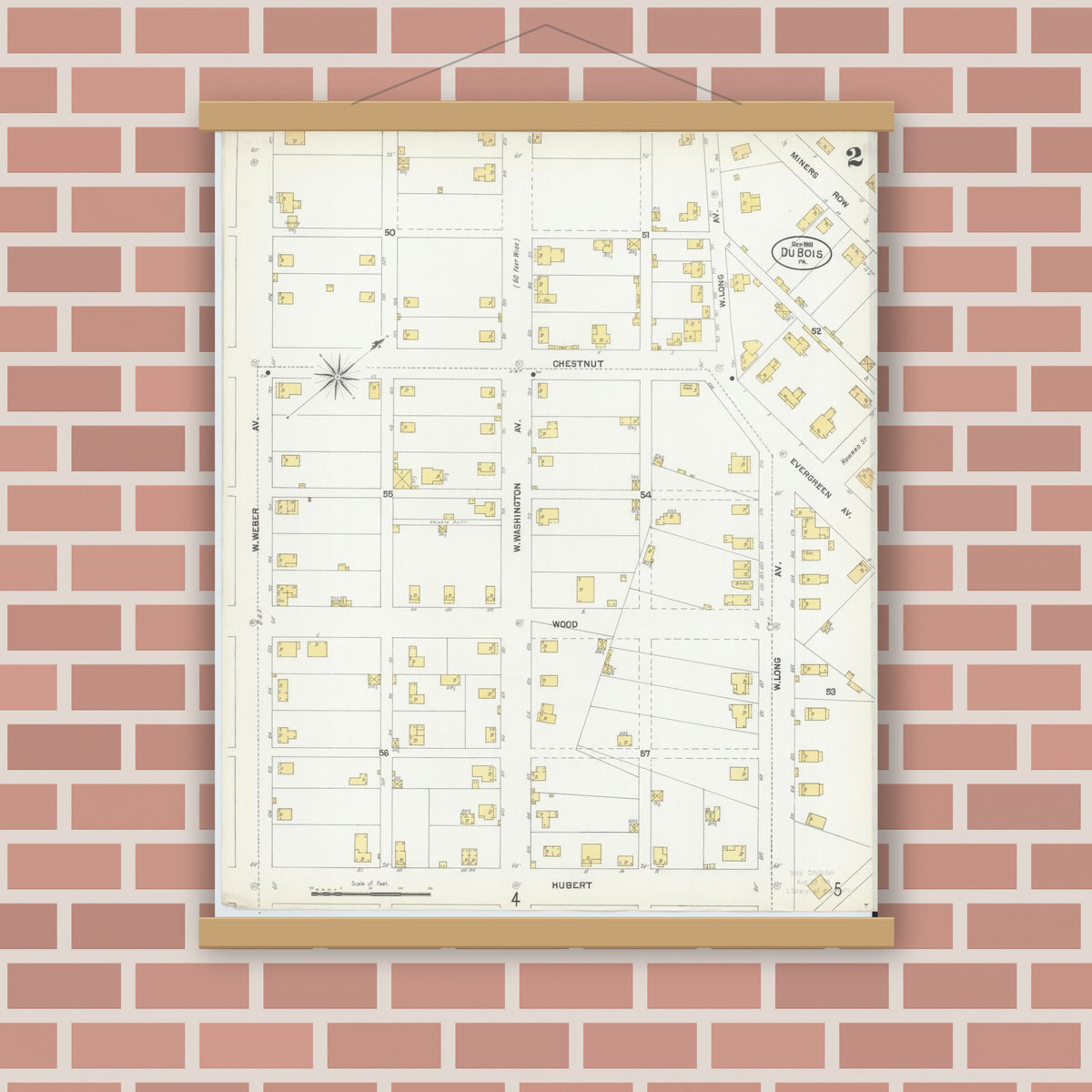Old map wall art mockup — magnetic wood frame on brick wall — Sanborn Fire Insurance Map from Du Bois, Clearfield County, Pennsylvania (1901), Sheet #0002