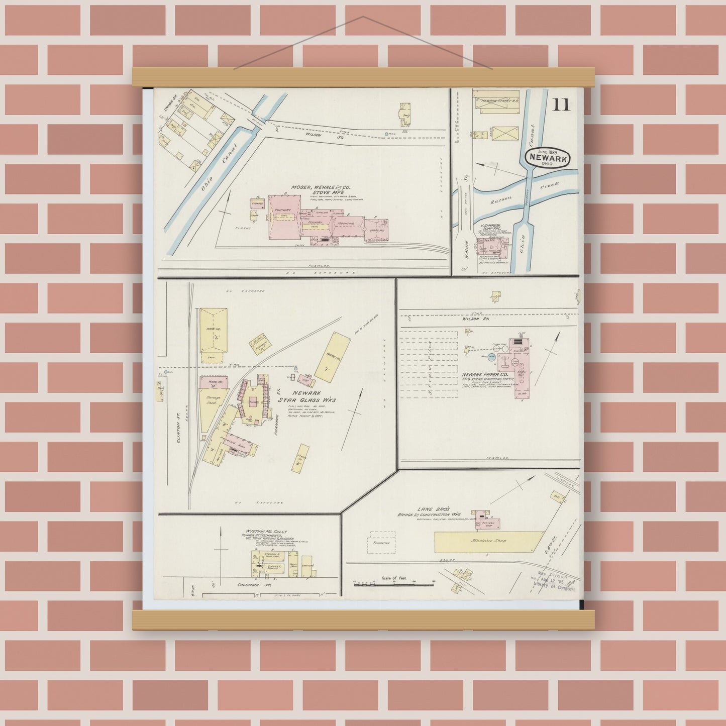 Old map wall art mockup — magnetic wood frame on brick wall — Sanborn Fire Insurance Map from Newark, Licking County, Ohio (1889), Sheet #0011