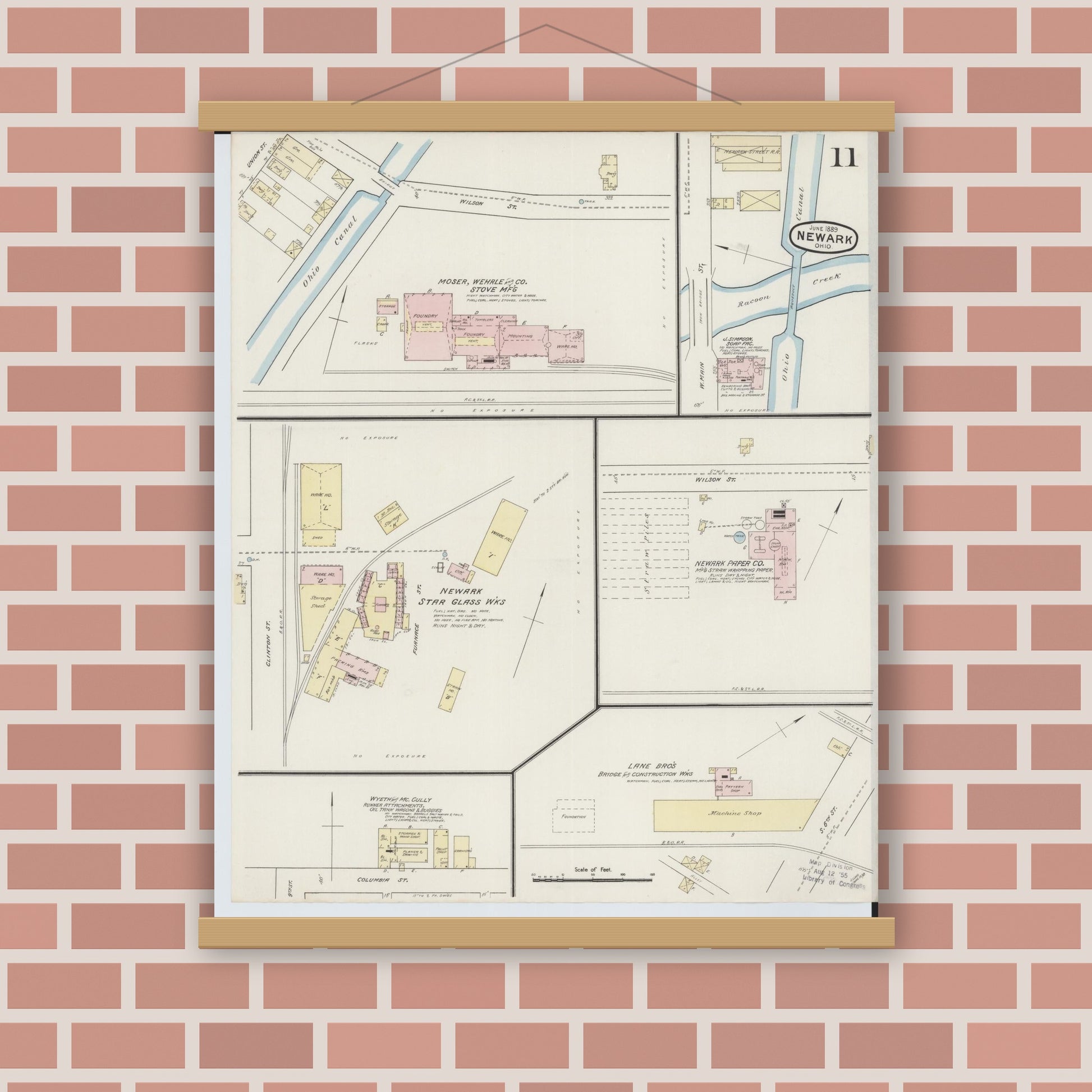 Old map wall art mockup — magnetic wood frame on brick wall — Sanborn Fire Insurance Map from Newark, Licking County, Ohio (1889), Sheet #0011