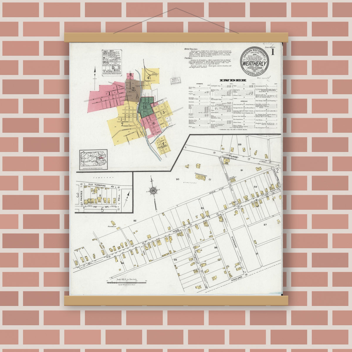 Old map wall art mockup — magnetic wood frame on brick wall — Sanborn Fire Insurance Map from Weatherly, Carbon County, Pennsylvania (1921) - Complete Map Set