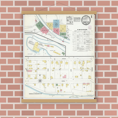 Old map wall art mockup — magnetic wood frame on brick wall — Sanborn Fire Insurance Map from McConnelsville, Morgan County, Ohio (1901) - Complete Map Set