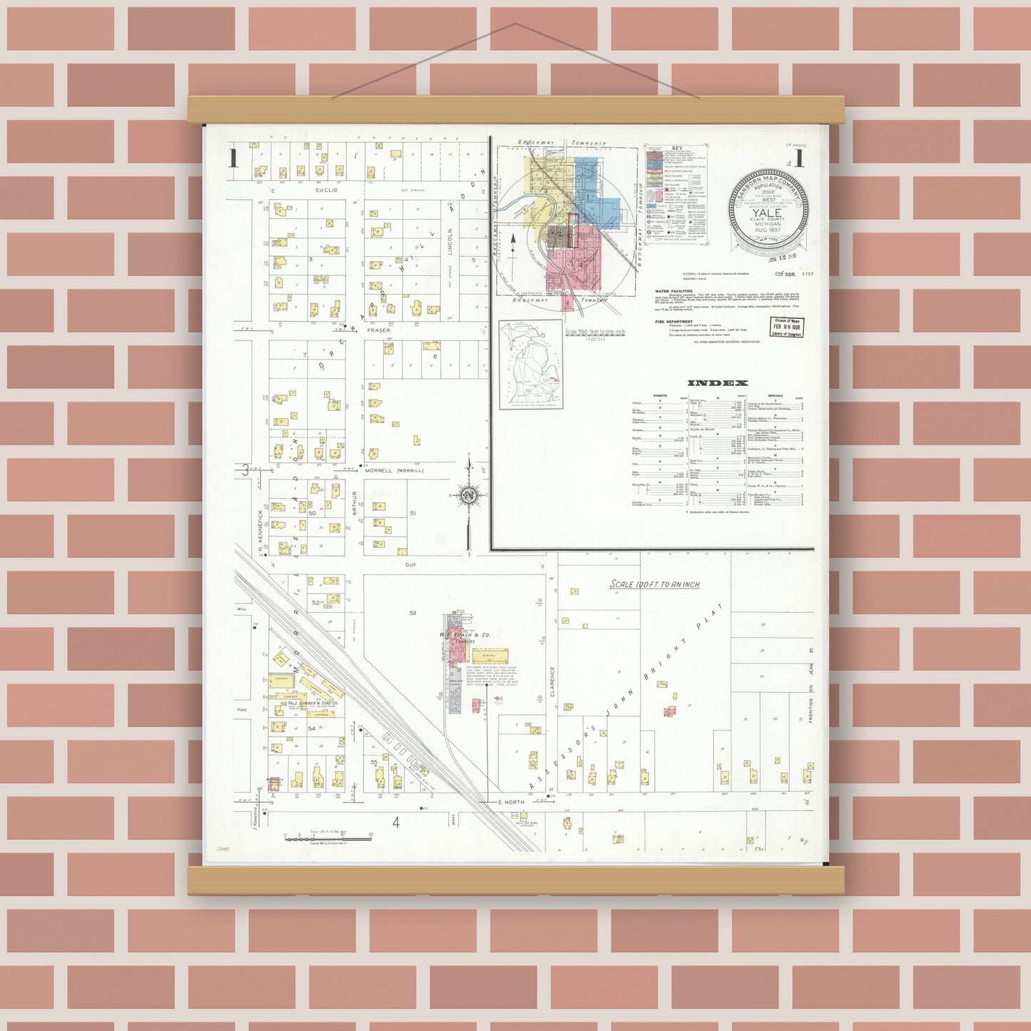 Old map wall art mockup — magnetic wood frame on brick wall — Sanborn Fire Insurance Map from Yale, Saint Clair County, Michigan (1937), Sheet #0001