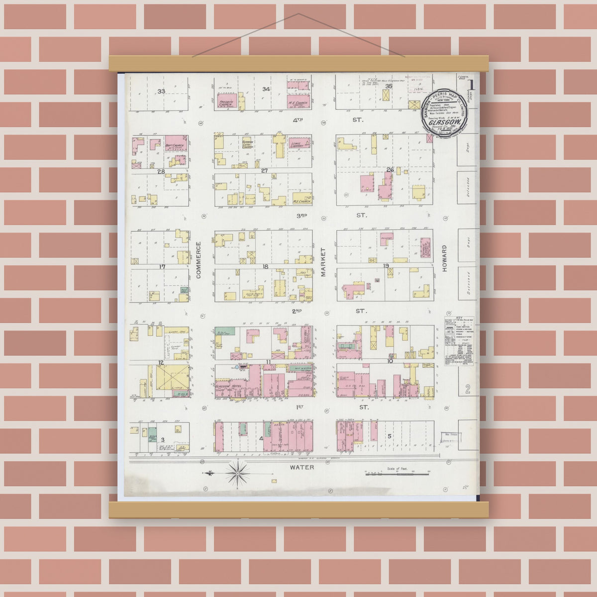 Old map wall art mockup — magnetic wood frame on brick wall — Sanborn Fire Insurance Map from Glasgow, Howard County, Missouri (1893) - Complete Map Set