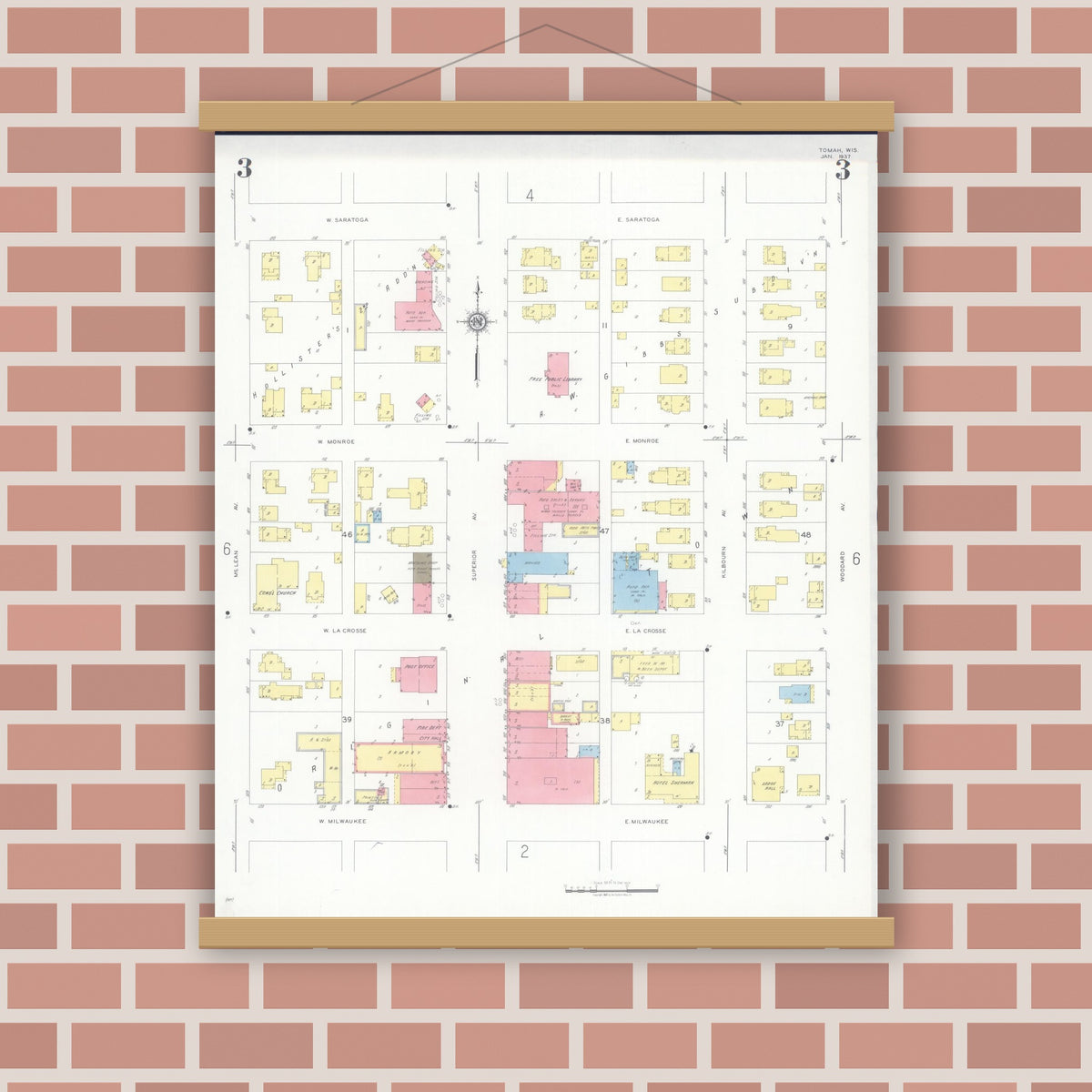 Old map wall art mockup — magnetic wood frame on brick wall — Sanborn Fire Insurance Map from Tomah, Monroe County, Wisconsin (1937), Sheet #0003